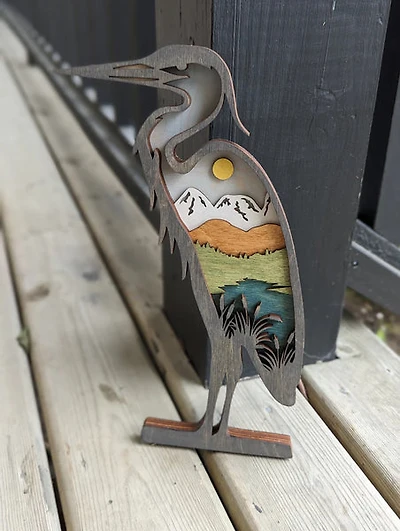 Blue Heron Wood Art Mountain Scene