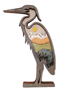 Blue Heron Wood Art Mountain Scene