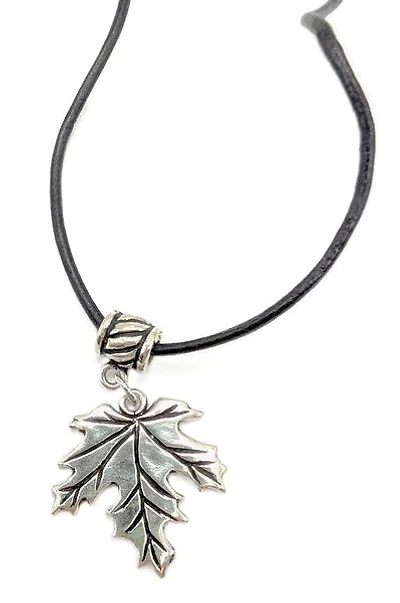 Maple Leaf Pendant Black Leather Cord Necklace
