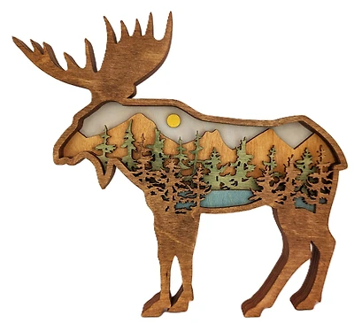 Moose Shaped Wood Art Mountain Scene