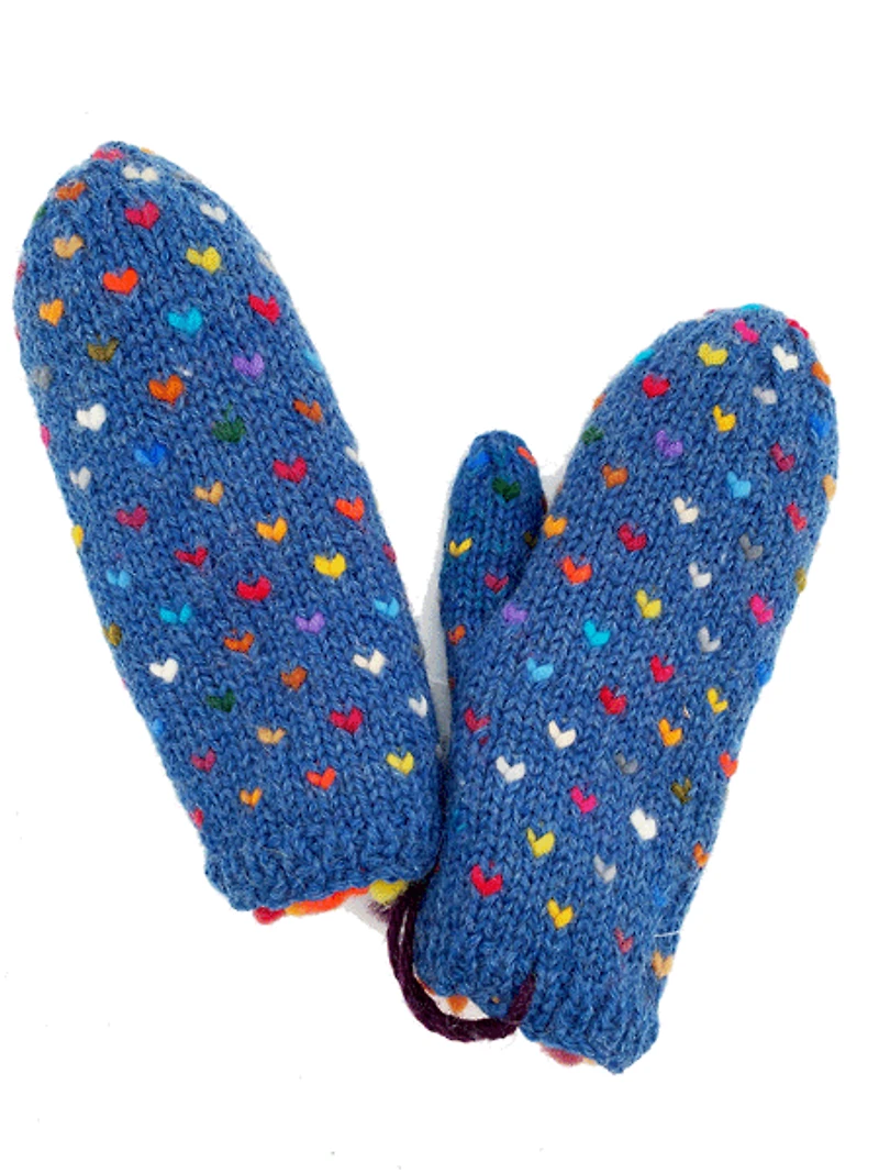Hand Knit Thrummed Heart Mittens - Blue