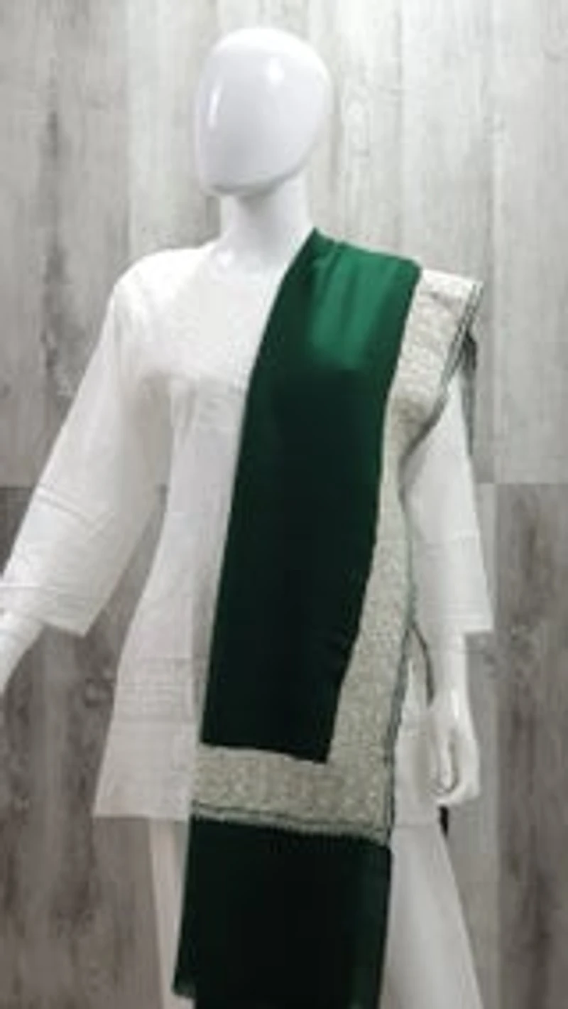 Pure Pashmina Shawl Green with Silver Tilla Work (ONE OF A KIND)