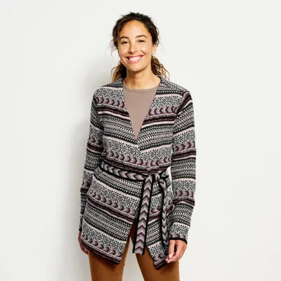 Women's Stowe Fair Isle Wool Wrap Cardigan Sweater Natural/Redwood Cotton/Wool Orvis