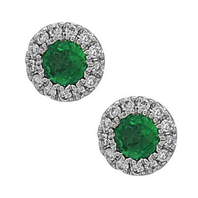 14K White Gold  Emerald and Diamond Halo Stud Earrings