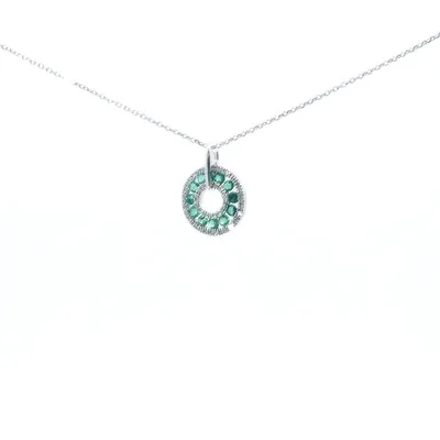 14K White Gold Emerald and Diamond Pendant, 18"