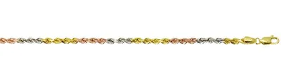 10K Tri Tone Yellow Rose and White Gold 3.3mm Rope Chain with Lobster Clasp - 24 Inches