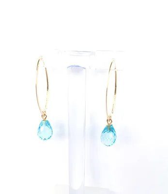 14K Yellow Gold Blue Topaz Earrings, 37mm