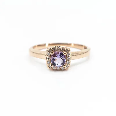 10K Rose Gold 0.35cttw Genuine Amethyst & 0.07cttw Diamond Halo Ring, size 7