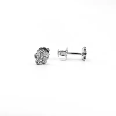 10K White Gold Cubic Zirconia Flower Studs with Screw Back - 5mm
