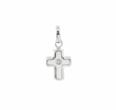 10K White Gold Mother of Pearl Cross With Cubic Zirconia Charm - 10mm x 8mm