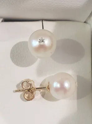 14K Gold 6.5-7.0mm Cultured Pearl and 0.025cttw Diamond Earrings with Butterfly Backs