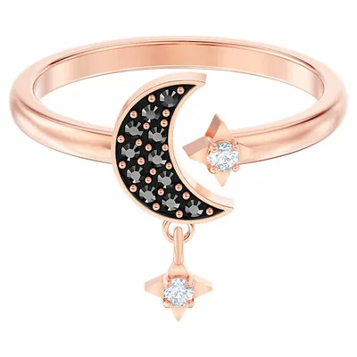 Swarovski Symbolic Moon Motif Ring, Black, Rose-gold tone plated