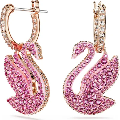 Swarovski Iconic Swan drop earrings, Swan, Pink, Rose gold-tone plated 5647544