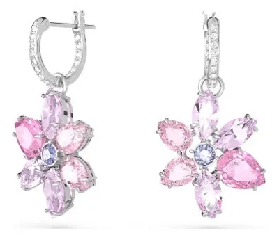 Swarovski Gema drop earrings, Mixed cuts, Flower, Pink, Rhodium plated - 5658397