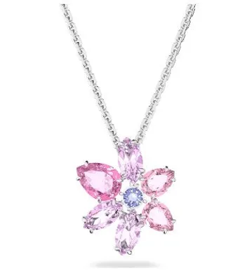 Swarovski Gema pendant, Mixed cuts, Flower, Pink, Rhodium plated - 5662493