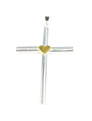 925 Sterling Silver Two Tone Cross Pendant with Yellow Gold Plated Heart - 53mm x 27mm