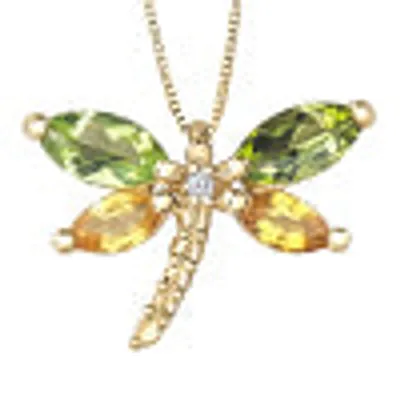 10K Yellow Gold Genuine Peridot, Genuine Yellow Sapphire and Diamond 0.01cttw Dragonfly Pendant, 18"