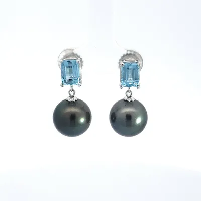 14K White Gold Tahitian Pearl and Aquamarine Dangle Earrings with Butterfly Back Closure