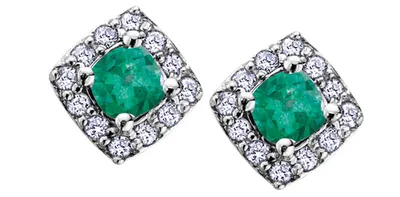 10K White Gold 0.30cttw Emerald & 0.12cttw Diamond Halo Stud Earrings