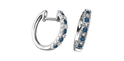 10K White Gold 0.20cttw Genuine Sapphire & 0.04cttw Diamond  Hoop Huggie Hinged Earrings
