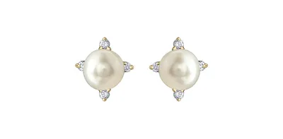 10K Yellow Gold Pearl and Diamond Earrings with Butterfly Backs