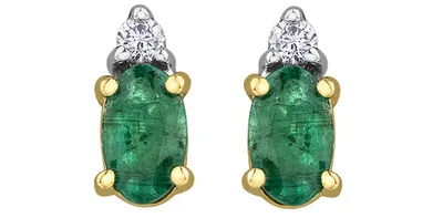 10K Yellow Gold  Oval Cut Emerald and Diamond Stud Earrings