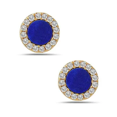 14K Yellow Gold 0.12cttw Lapis Lazuli and 0.09cttw Diamond Halo Stud Earrings