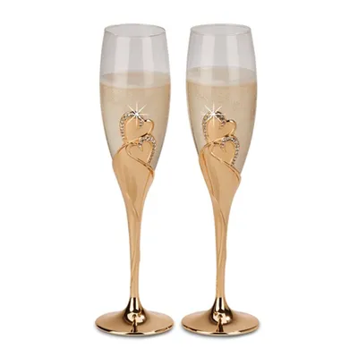 2 Pieces Champagne Flutes Gold Tone Everlasting Heart Design
