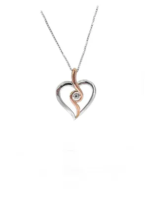 10K Rose Gold and Sterling Silver 0.12cttw Canadian Diamond Heart Necklace, 18"