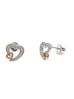 10K White & Rose Gold 0.12cttw Diamond Heart Stud Earrings