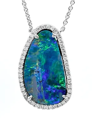 14K White Gold Custom Made 5.58cttw Boulder Opal and 0.24cttw Diamond Pendant - 18 Inches