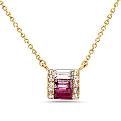 14K Yellow Gold Ruby, Pink Sapphire, White Topaz and Diamond Necklace, 18"