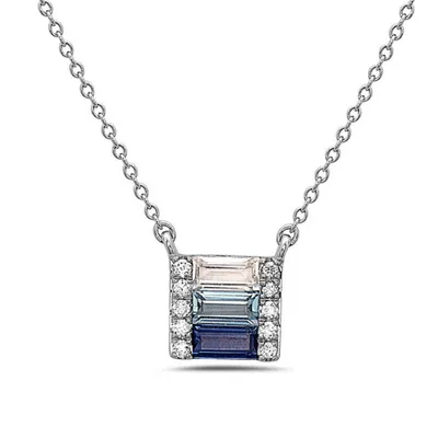 14K White Gold Blue Sapphire, Blue Topaz and White Topaz and Diamond Necklace, 18"