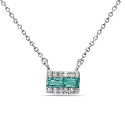 14K White Gold Emerald and Diamond Necklace, 18"
