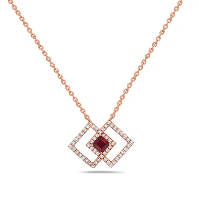 14K Rose Gold Ruby and Diamond Necklace, 18"