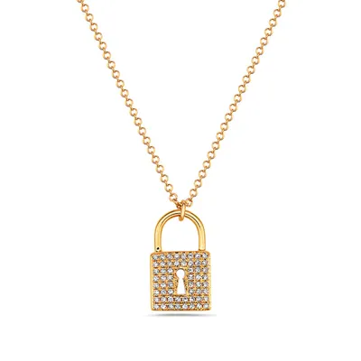 14K Yellow Gold 0.12cttw Diamond Lock Pendant, 18"