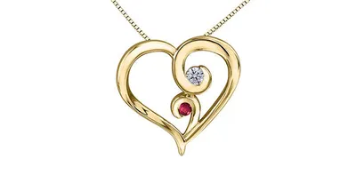 10K Yellow Gold Genuine Ruby and Canadian Diamond Heart Necklace, 18"
