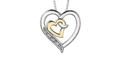 Sterling Silver & 10K Yellow Gold 0.02cttw Diamond Double Heart Pendant, 18"