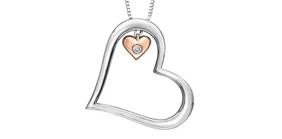 Sterling Silver & 10K Rose Gold 0.02cttw Diamond Double Heart Pendant, 18"
