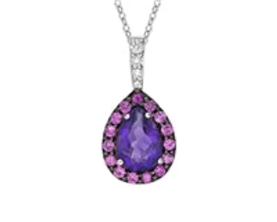 10K White Gold Amethyst, Pink Sapphire & Diamond Pendant, 18"