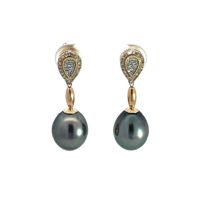14K Gold Tahitian Pearl and Diamond Dangle Earrings with Butterfly Back Closure