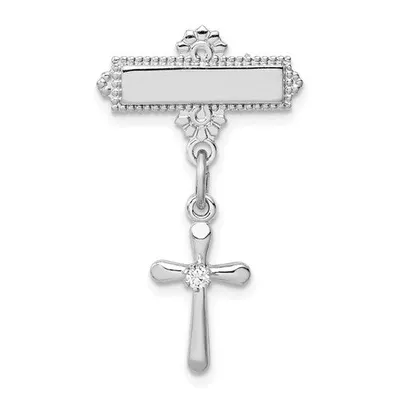 Sterling Silver Rhodium-plated Polished Cubic Zirconia Cross Dangle Pin Brooch