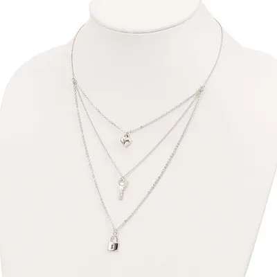 Sterling Silver Lock, Heart and Key Multi-Strand 16in Necklace - 16"