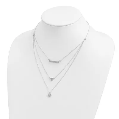 Sterling Silver CZ Circle Triangle and Bar 3-Strand Necklace - 16"