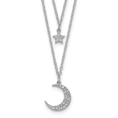 Sterling Silver Rhodium Plated CZ Star and Moon 2in ext 2-strand Necklace - 16"