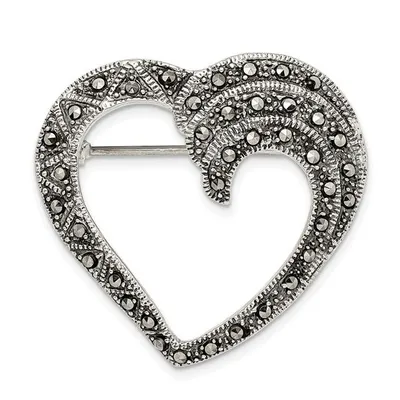 Sterling Silver Marcasite Open Heart Pin Brooch