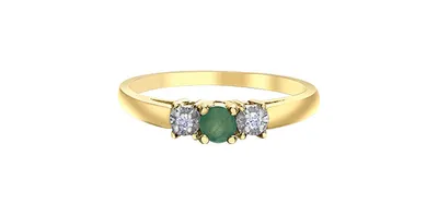 10K Yellow Gold Emerald and Diamond 3 Stone Ring - Size 6