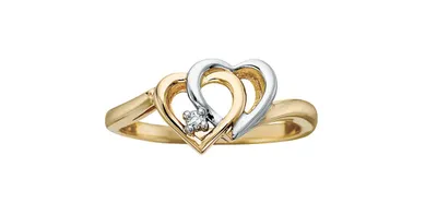 10K Yellow & White Gold Diamond 0.02ctt Double Heart Ring, Size 6.5