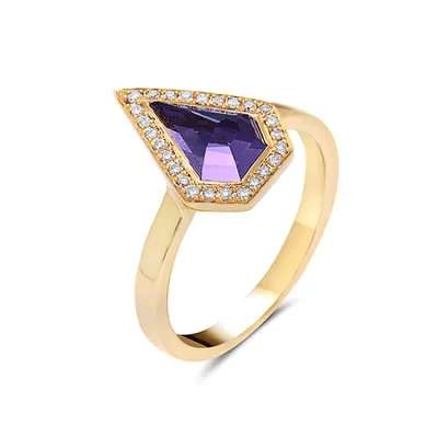14K Yellow Gold 0.81cttw Amethyst and 0.10cttw Diamond Ring, size 6.5