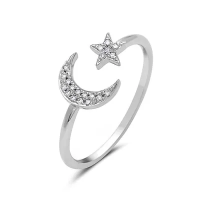 14K White Gold 0.05cttw Diamond Moon & Star Ring, size 6.5
